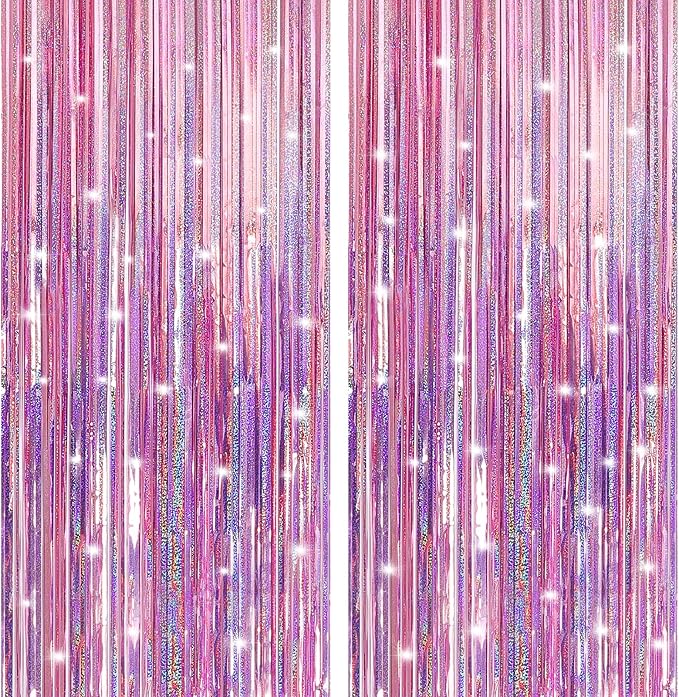 2 Pack Laser Pink Foil Fringe Curtains Streamers Party Decorations 3.3 x 8.2 ft by Profasion