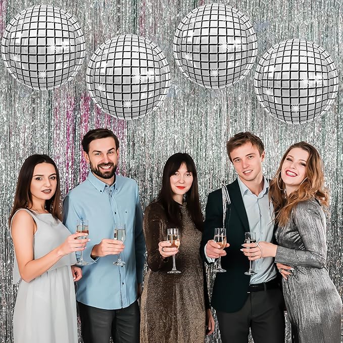 Disco Ball Balloons 4PC, Foil Disco Balloons 22 Inch 4D Round Metallic Silver - Image 4