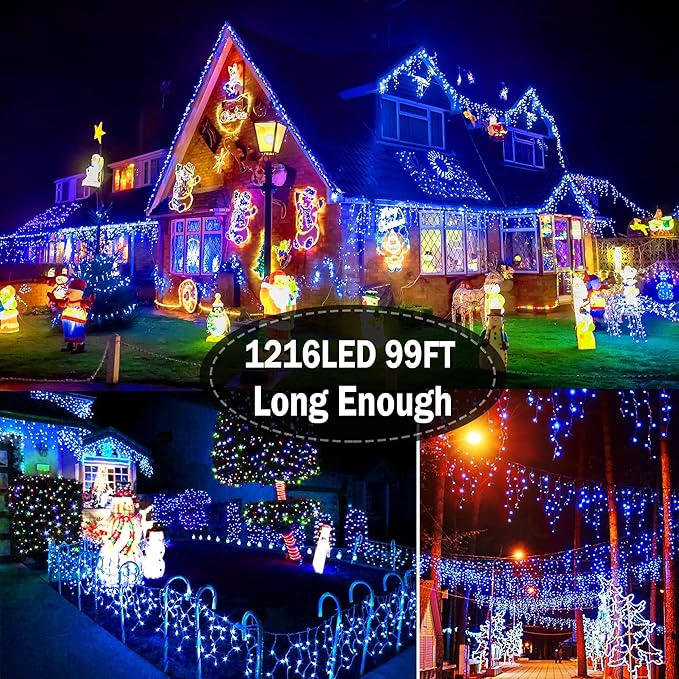 Christmas Lights Outdoor Decorations 1216 LED 99ft 8 Modes Curtain Fairy String - Image 7