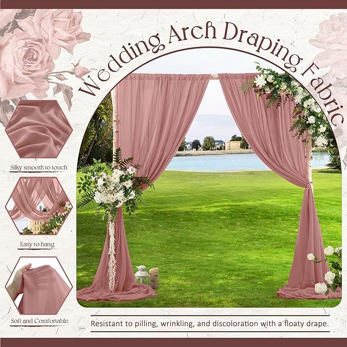 VACVELT Wedding Arch Draping Fabric Dusty Rose Chiffon, 2 Panels Sheer Drapes - Image 4