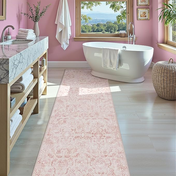 Pink 3x12 Runner Rug for Hallways Bed Side Kitchen, Boho Washable Distressed - Image 2
