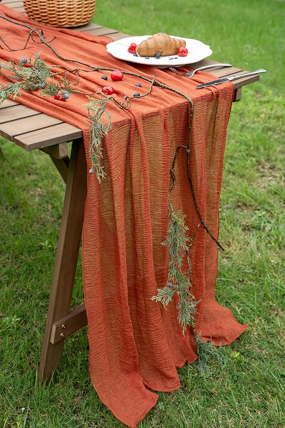 Keketo Fall Thanksgiving Table Runner Terracotta Rust Gauze 120 Inch 10 FT - Image 6