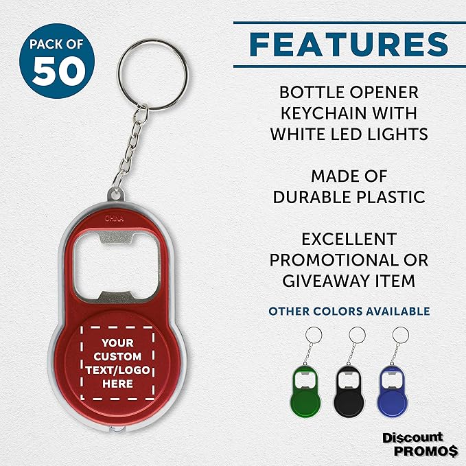 DISCOUNT PROMOS Custom Bottle Opener & LED Keychains Set of 50, Personalized - Image 2