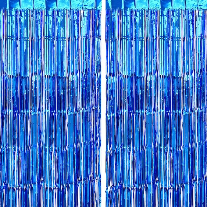 CHRORINE 2pcs 1m x 2.5m Blue Metallic Tinsel Foil Fringe Curtains, Party by CHRORINE