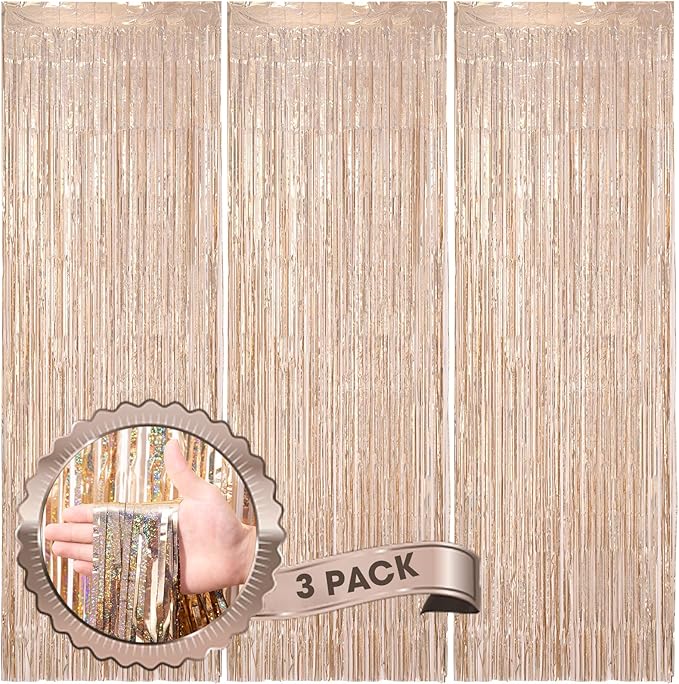 3 Pack 3.3 x 8.2 ft Laser Champagne Foil Fringe Backdrop Curtains, Tinsel by Voircoloria