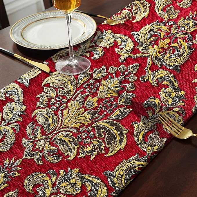 Burgundy Chenille Table Runner Embellished Jacquard - Image 5