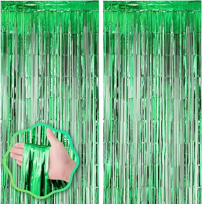 2 Pack Green Foil Fringe Backdrop Curtains, Tinsel Streamers Birthday Party by Voircoloria