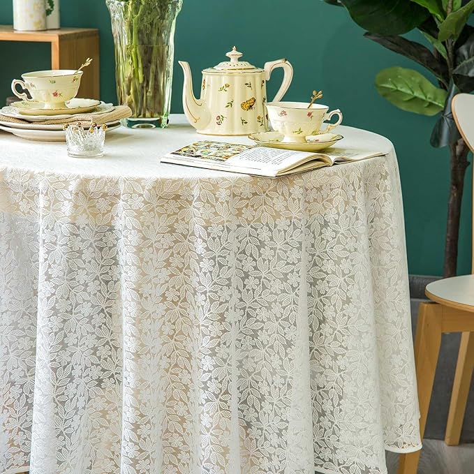 Lace Tablecloth Leaf Pattern Warp Knitting Fabric Solid White Round Table Cover - Image 6