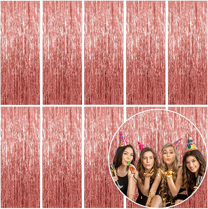 10 Pack Foil Curtain Backdrop Rose Gold Metallic Tinsel Foil Fringe Curtains by KEJ