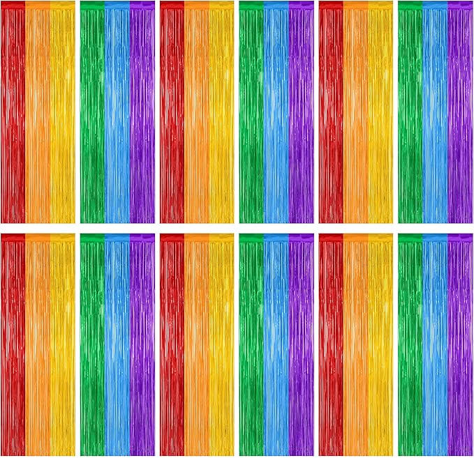 12 Pack Rainbow Backdrop, 3.28 FT x 7.05 FT Pride Decorations, Metallic Fringe by ZATAYE