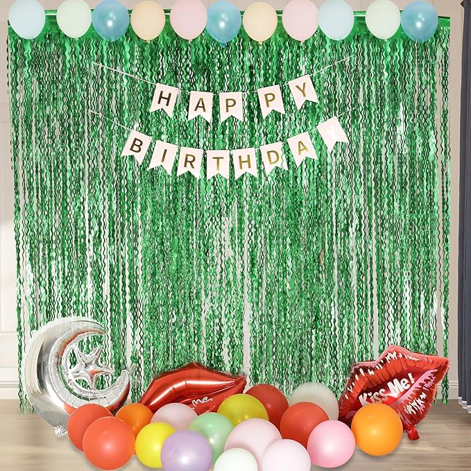 4Pcs Wavy Green Fringe Backdrop -3.3x6.6ft Green Streamer Foil Curtains - Image 4