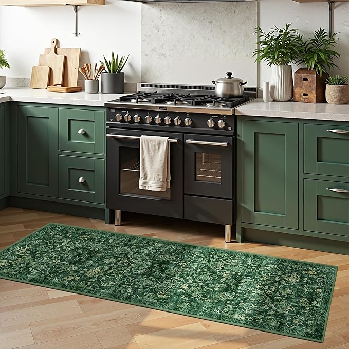 Dark Green 2x6 Runner Rug for Hallways Bed Side Kitchen, Boho Washable - Image 3