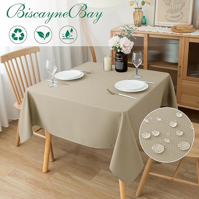 Biscaynebay Textured Fabric Square Tablecloths 90x90 Inches, Natural Water - Image 2