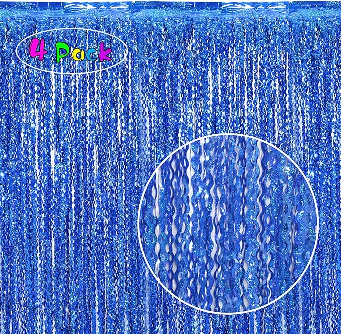 4 Pack 3.3 ft x 6.6 Wavy Sparkle Dark Blue Foil Fringe Backdrop Curtain - Image 2