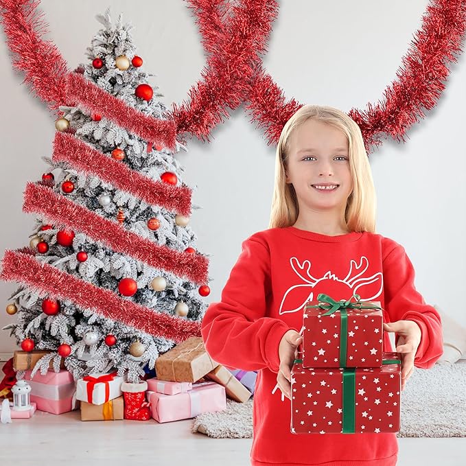 32.8 Ft Red Christmas Tinsel Garland Metallic Shiny Tassle Banner Wall Hanging - Image 4