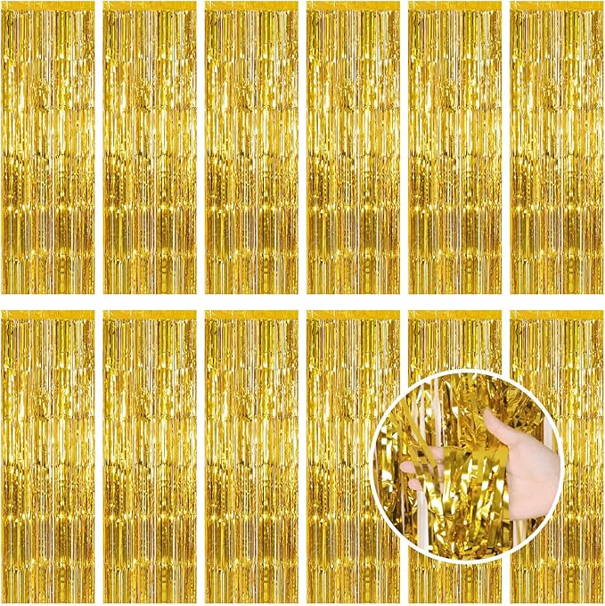 Gold Fringe Curtain Party Streamers, 12 Pack 3.3ft x 8.2ft Foil Curtain by LITLANDSTAR