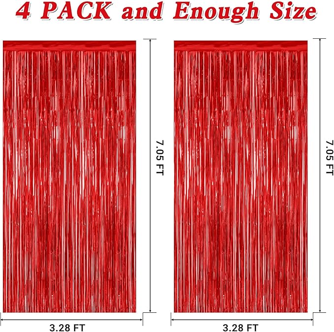 4 Pack Red Backdrop, 3.28 FT x 7.05 FT Party Streamer, Metallic Birthday Tinsel - Image 2