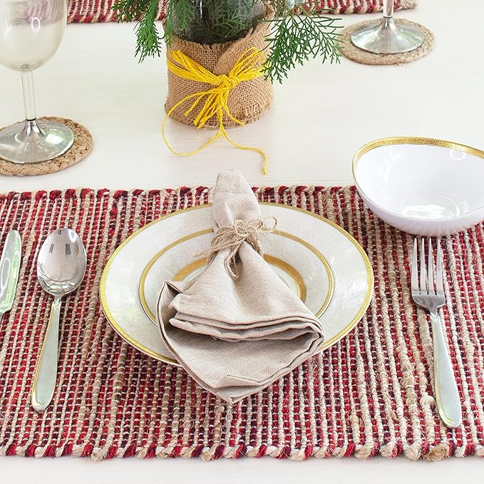 Chardin Home Natural Jute & Red Placemats, 13x19 Inch Dining Table Placemats - Image 9
