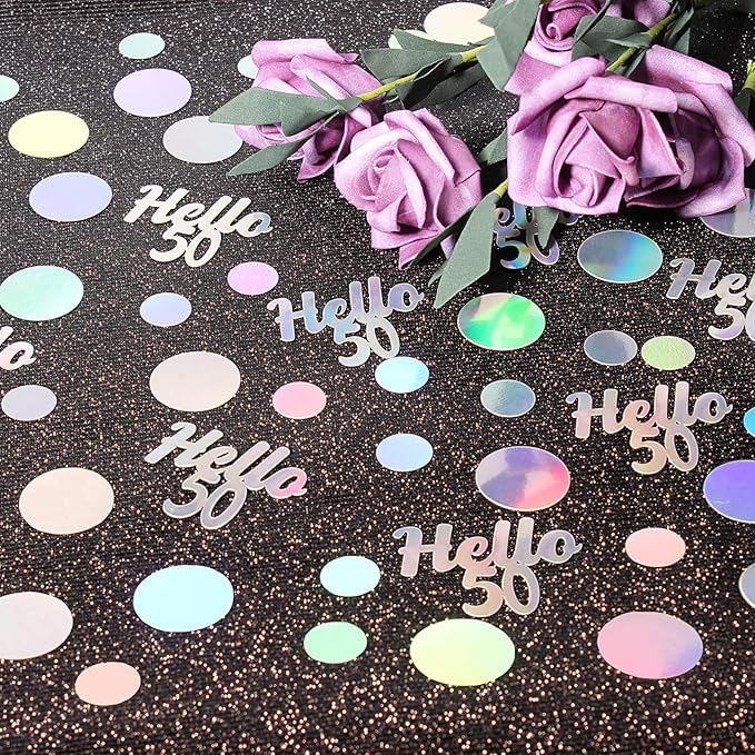 Hello 50 Birthday Confetti for Table Iridescent Circle Happy 50th Birthday - Image 3