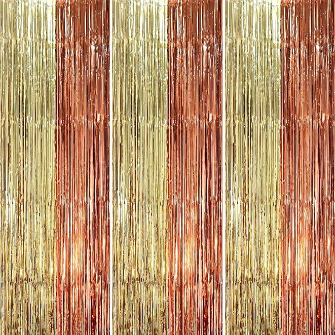 3 Pack 3.3 x 8.2 ft Rose and Champion Foil Fringe Backdrop Curtains, Tinsel by Voircoloria
