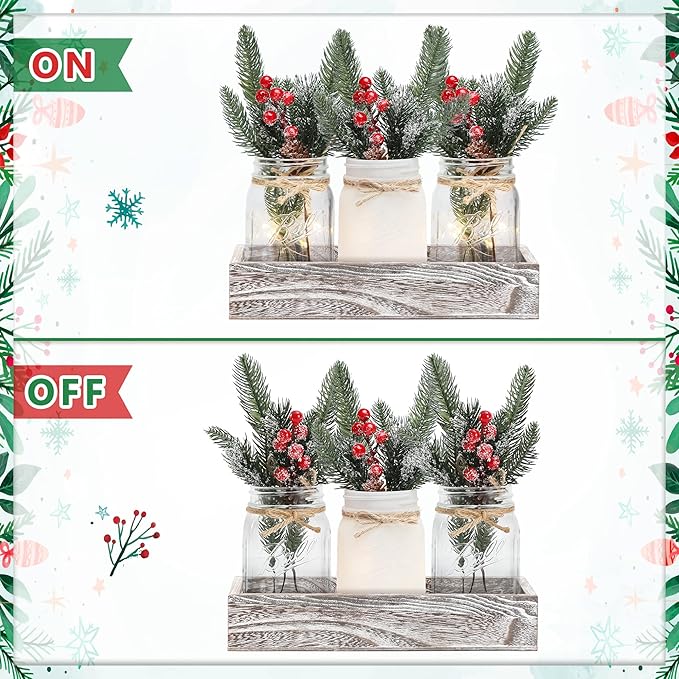 Christmas Mason Jars, Christmas Centerpiece Table Settings, Wood Tray - Image 4