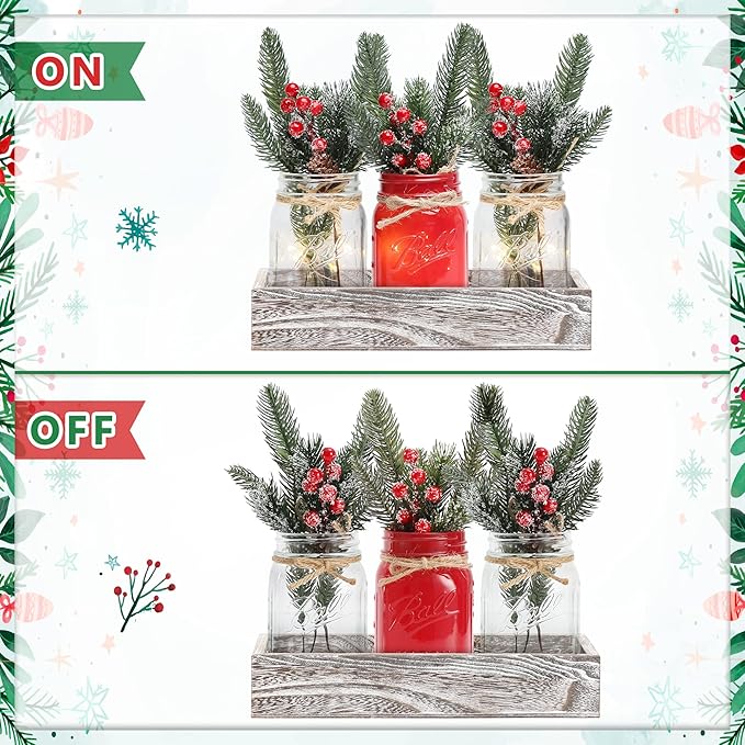 Christmas Mason Jars, Christmas Centerpiece Table Settings, Wood Tray - Image 4