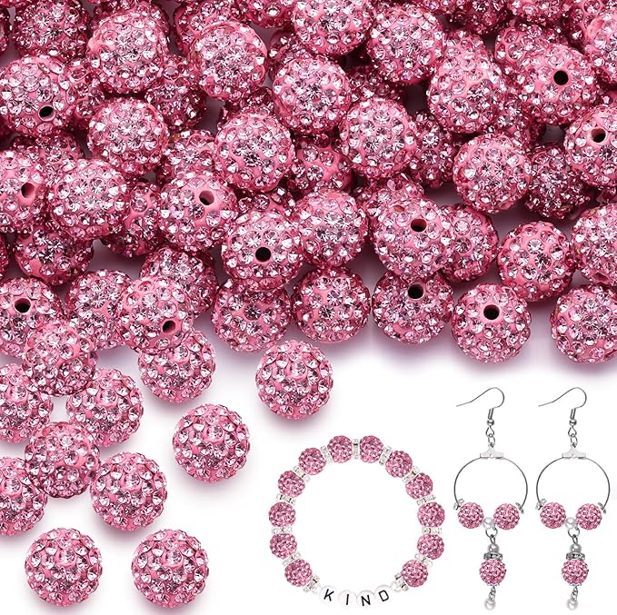 100pcs 10mm Rhinestone Beads for Jewelry Making, Dark Pink Shiny Round by TINKRSTUFF