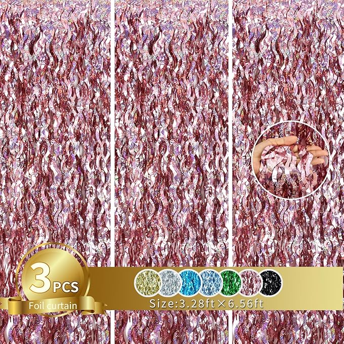 TONIFUL 3Pcs Wavy Metallic Tinsel Foil Fringe Curtains Rose Gold Streamer by TONIFUL