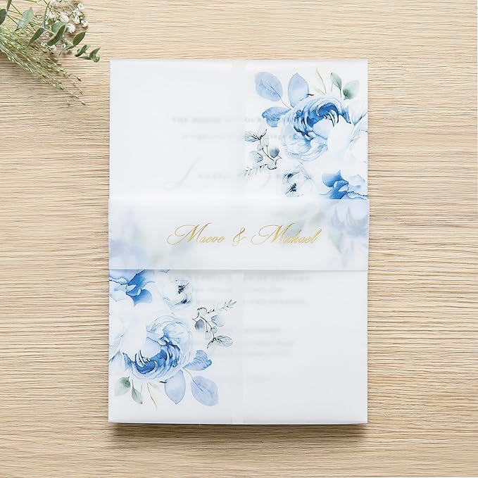 PONATIA 50PCS Vellum Jackets for 5x7 Invitation Cards- 135GSM Light Blue Floral - Image 7