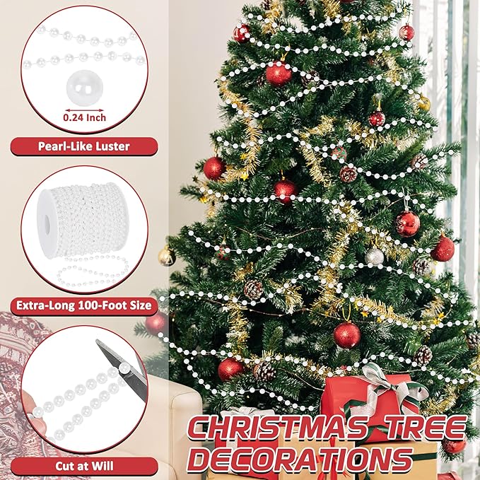 100 Feet White Christmas Tree Garland, Artificial Beads Strands Chain, - Image 3