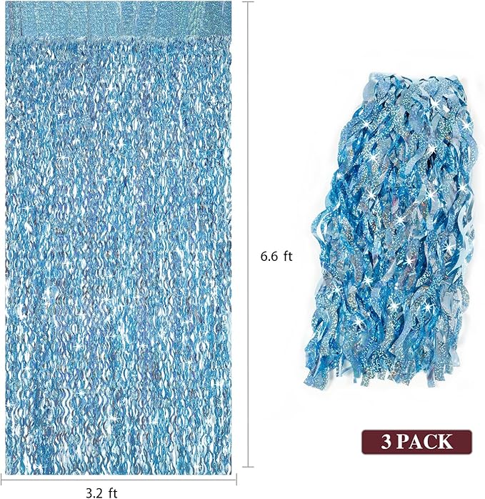3 Pack 3.3 ft x 6.6 ft Tinsel Foil Fringe Curtain Blue - Image 3
