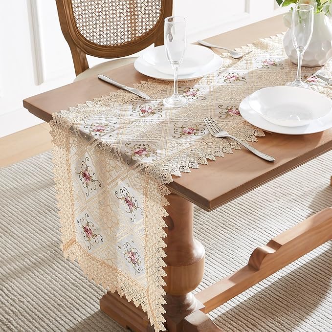 Warm Home Designs Gold Lace Table Runner. Embroidered by WarmHomeDesigns