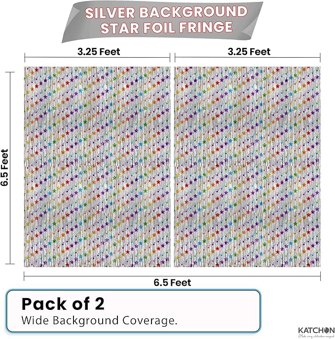 KatchOn, Star Silver Foil Fringe Curtains – Pack of 2 | Silver Fringe Backdrop - Image 2