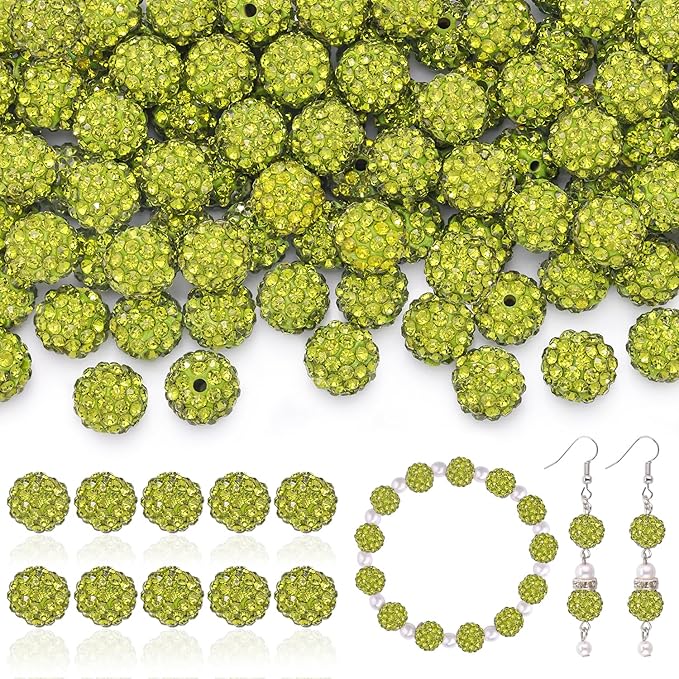 160pcs 10mm Rhinestone Beads for Jewelry Making, Olivine Shiny Round Disco Ball by TINKRSTUFF