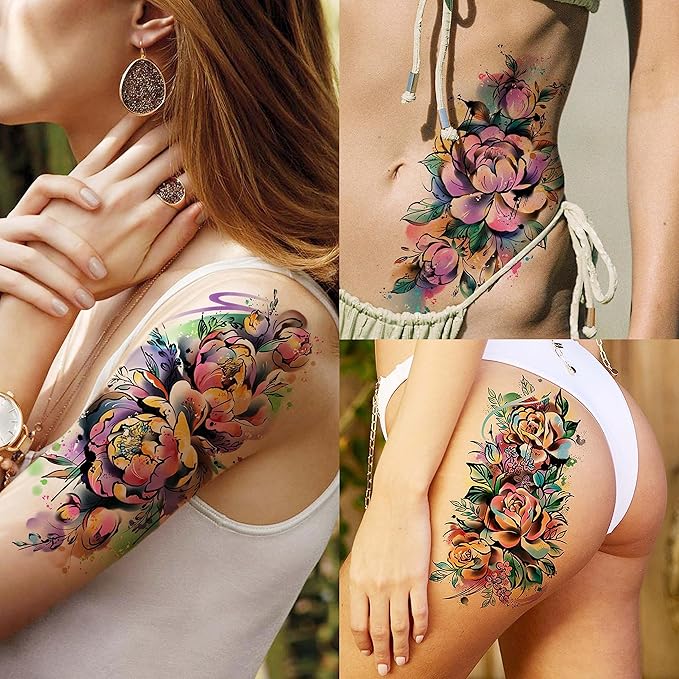 63 Sheets 3D Watercolor Rose Temporary Tattoos - Image 2
