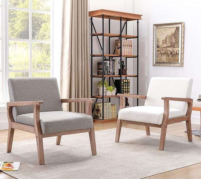 Mid Century Modern Accent Chair Set of 2, Linen Upholstered Living Room Accent - Image 5