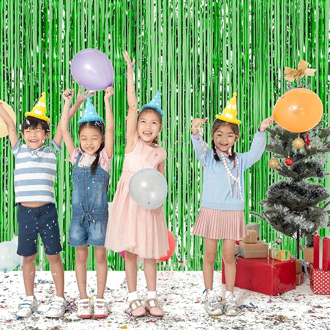 CHRORINE 2pcs 3ft x 8.3ft Green Tinsel Foil Fringe Curtains Streamers Backdrop - Image 7
