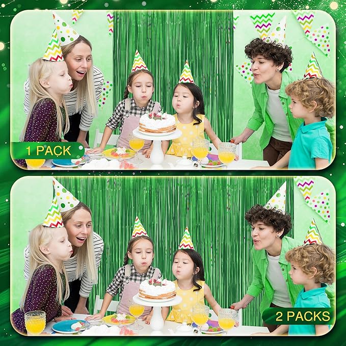 2 Pack Metallic Green Fringe Backdrop, 3.2x8.2ft Shining Foil Tinsel Curtains - Image 9