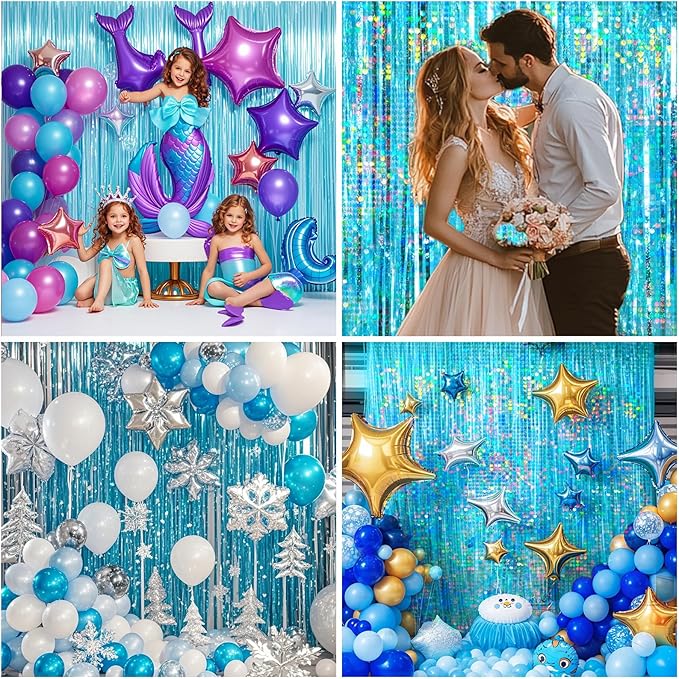 4 Packs Blue Foil Fringe Curtain, Light Blue Glitter Metallic Tinsel Backdrop - Image 5
