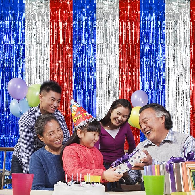 TONIFUL Red White and Blue Tinsel Foil Fringe Curtains, 4th of July Decorations - Image 4