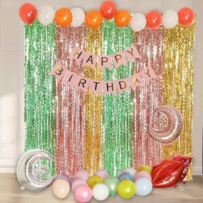 3 Pack Gold Green and Rose Gold Foil Curtain Party Decorations - Image 5