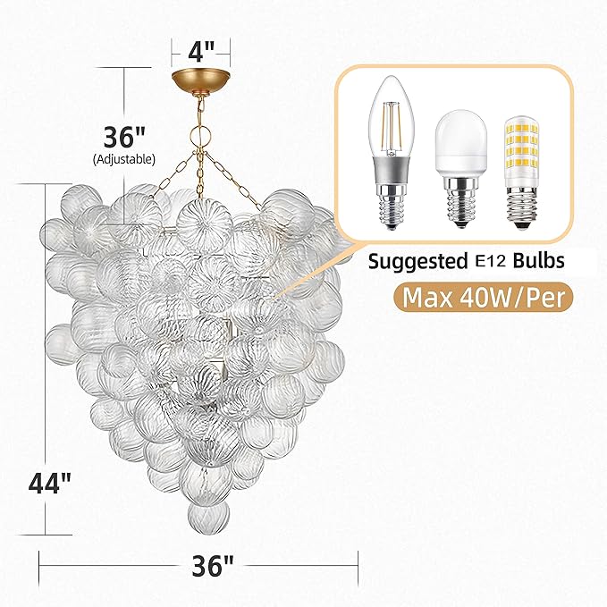 Mid Century Bubble Ball Swirled Glass Chandelier, 36 in. 2-Layer Cages Gild - Image 2