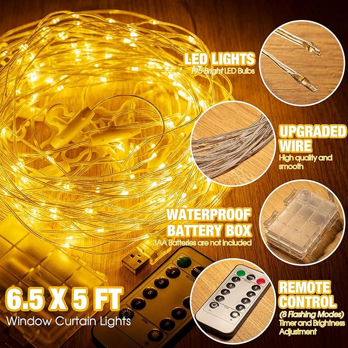 Curtain Window String Lights 6.5 x 5 Feet LED Copper Tapestry Backdrop Twinkle - Image 3