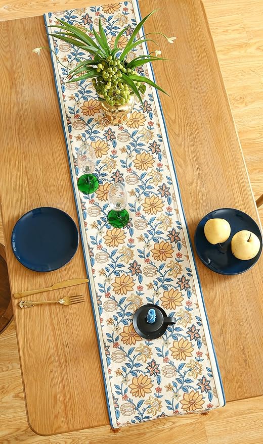 ISAENNE Designer Bohemian Elegant Linen Table Runner 87 Inches Long, Floral - Image 9