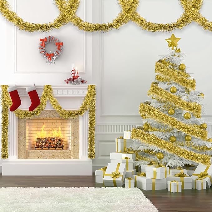 32.8 Ft Gold Christmas Tinsel Garland Metallic Shiny Tassle Banner Wall Hanging - Image 5