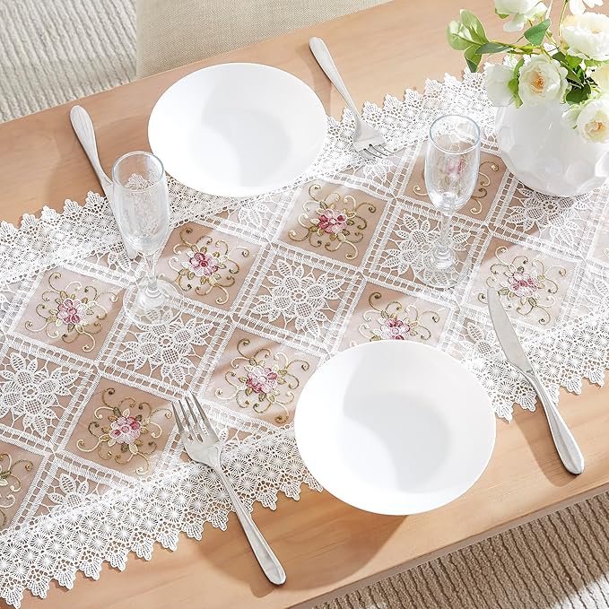 Warm Home Designs White Lace Table Runner. Embroidered - Image 2