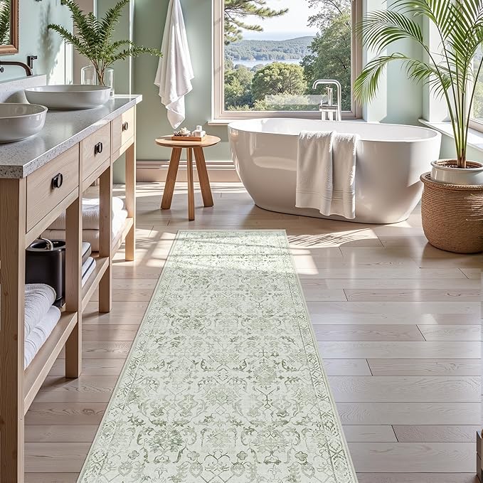 Sage 3x10 Runner Rug for Hallways Bed Side Kitchen, Boho Washable Distressed - Image 2