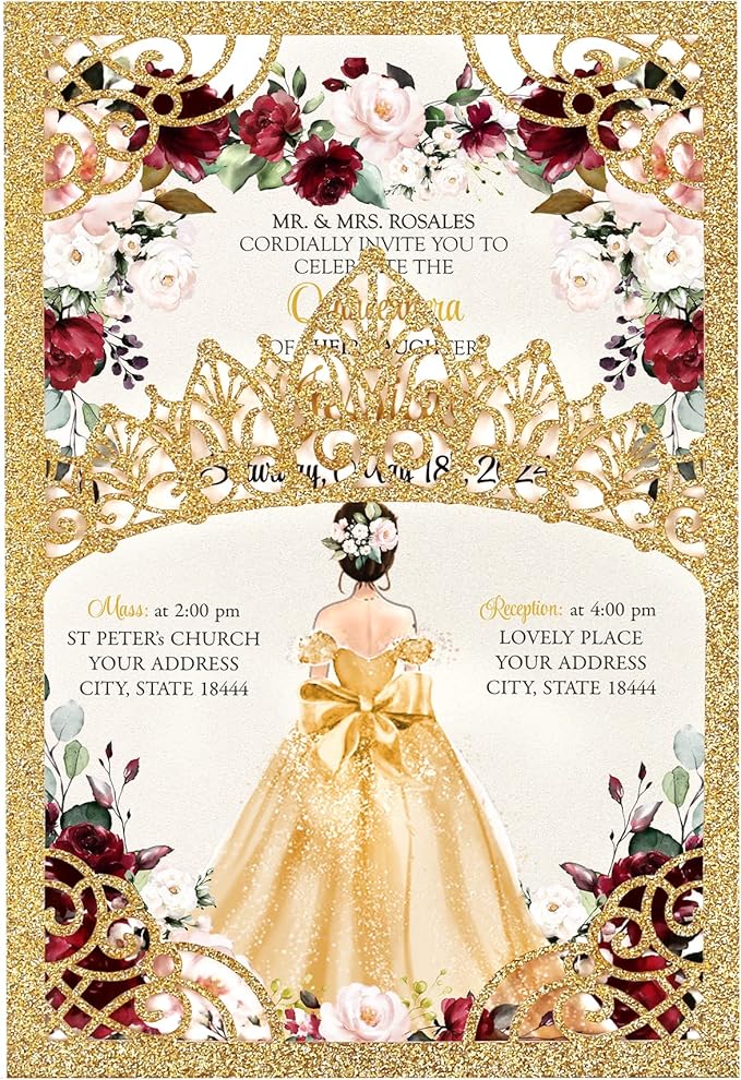 50Pcs Gold Crown Quinceanera Invitation by DreamBuilt