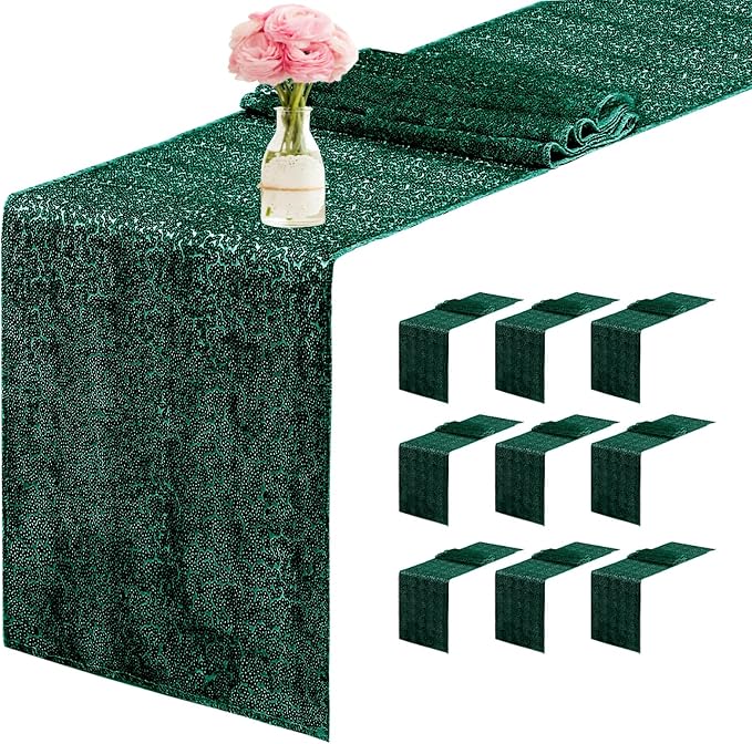 10 Packs 12 x 72 inches Sequin Table Runner, Hunter Green Glitter Table Runner by Unknown