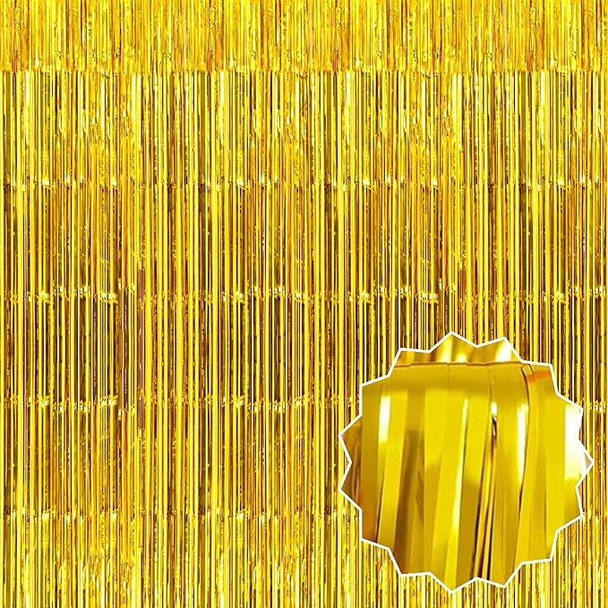 6 Pack Gold Foil Fringe Curtains Backdrop, 3.28 x 8.2 Ft Metallic Streamers by LANTIANCHEN